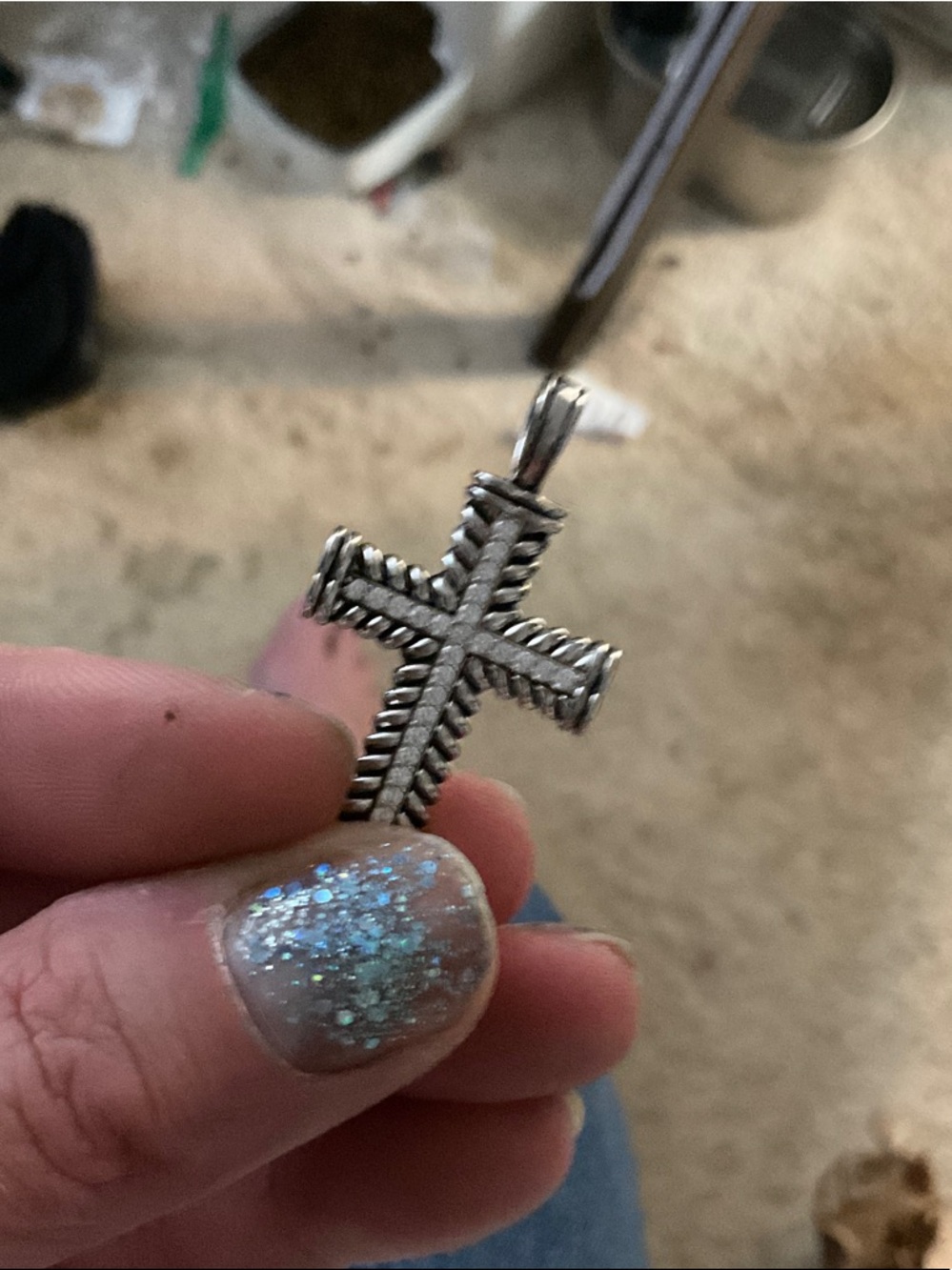 David Yurman Silver Cross Pendant with Pave Diamonds - Picture 4 of 8